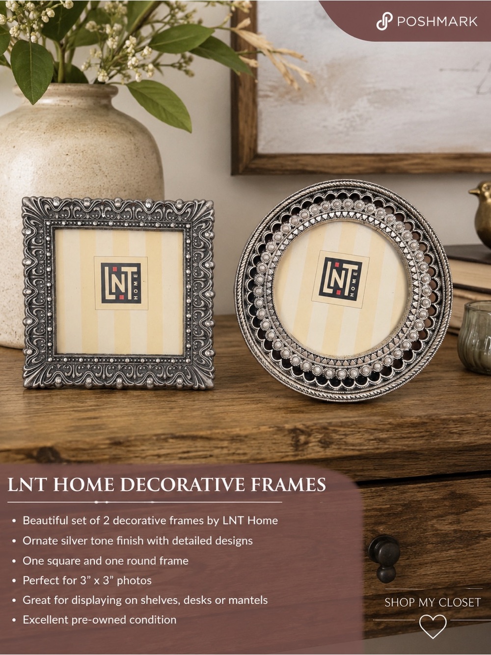 LNT Home Set of 2 Ornate Silver Tone Picture Frames Round & Square Tabletop‎